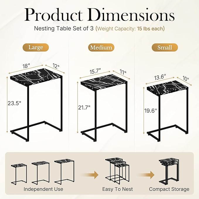 SUPER DEAL Nesting Tables Set of 3, Industrial C Shaped End Table Stackable