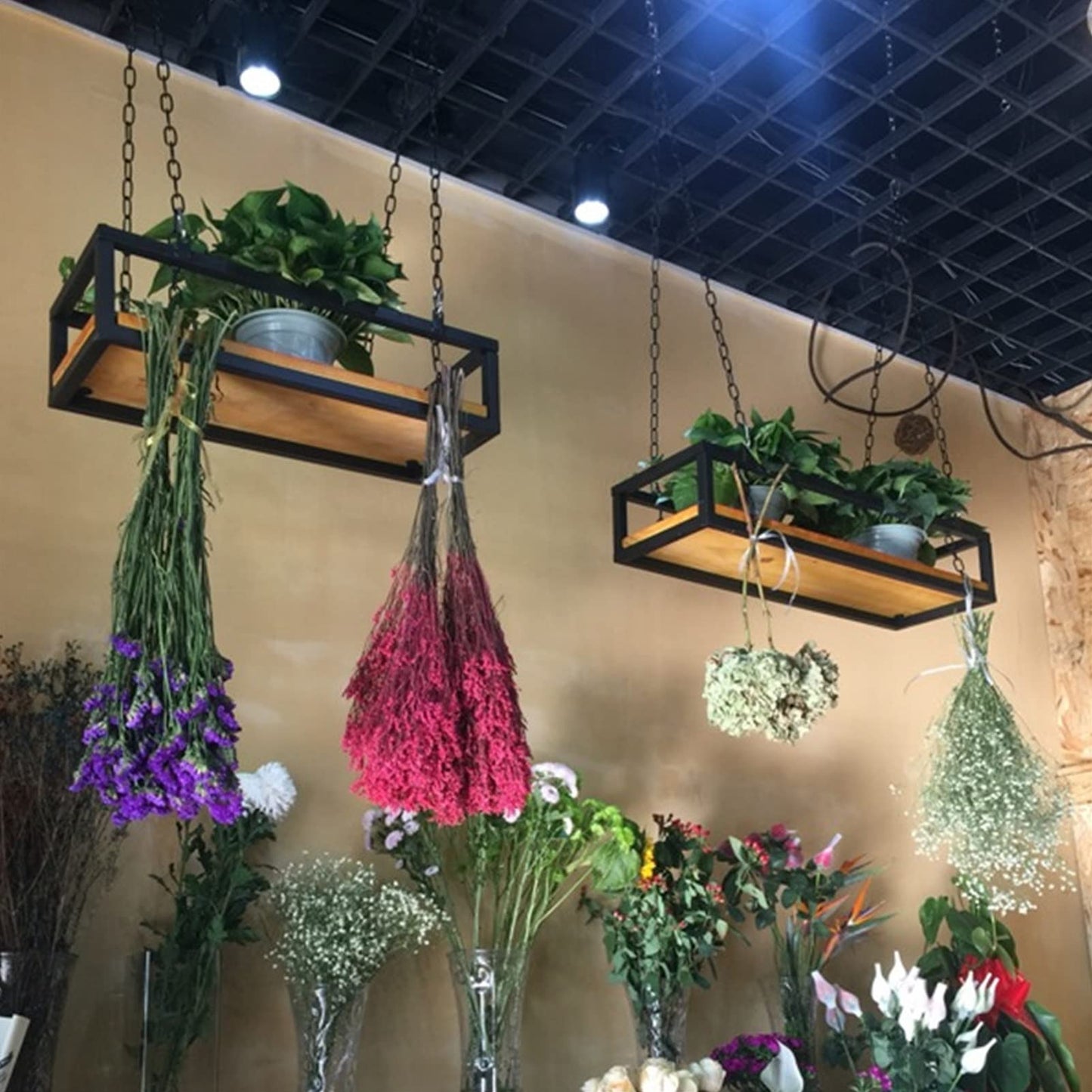 Hanging Flower Pot Display Rack - Adjustable Ceiling Stand for Plants, Wooden & Metal Frame Railing Shelf, Perfect for Bar, Patio, Garden, Balcony (Size: 60x25x15)