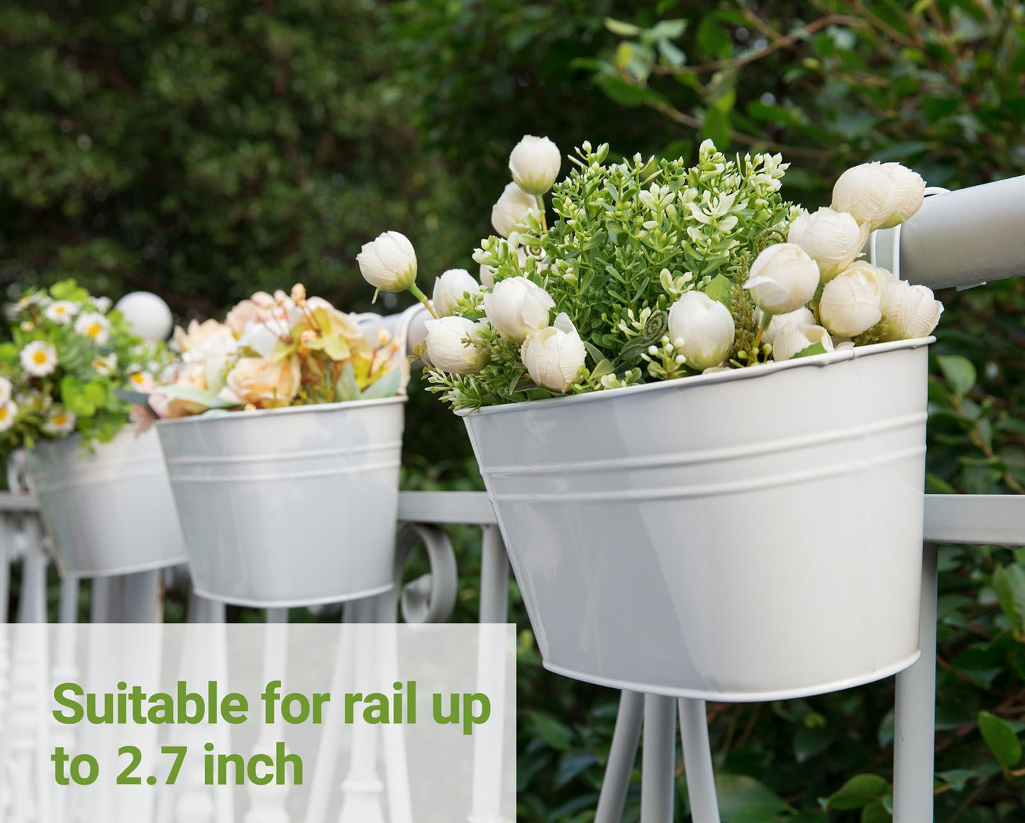 Dahey 10.5 Inch Metal Iron Hanging Flower Pots for Railing Fence Hanging Bucket Pots Countryside Style Outdoor Planter Window Flower Plant Holder with Detachable Hooks Home Decor,White,4 Pcs