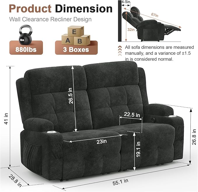 Reclining Loveseat, 55.1" RV PU Leather Wall Hugger Recliner Love Seats Sofa