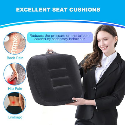Extra Thick Seat Cushion, Large Chair Cushion Booster for Office Chair to Rise Height, Velvet Cover with Handle and Anti-Slip Bottom, PP Cotton Filling - Relieves Back Pain - 18"X16"X6" Black