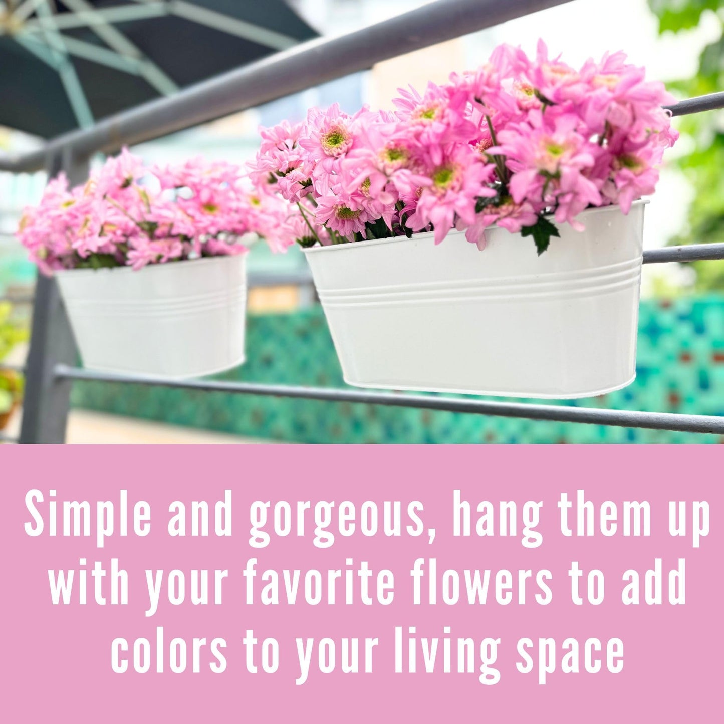 LaLaGreen Rail Planters for Outdoor (6 Pack, 11.2 Inch) White Metal Iron Hanging Flower Pots, Deck Railing Strawberry Planter Fence Bucket Wall Mount Window Box Plant Holder with Hooks Porch Decor