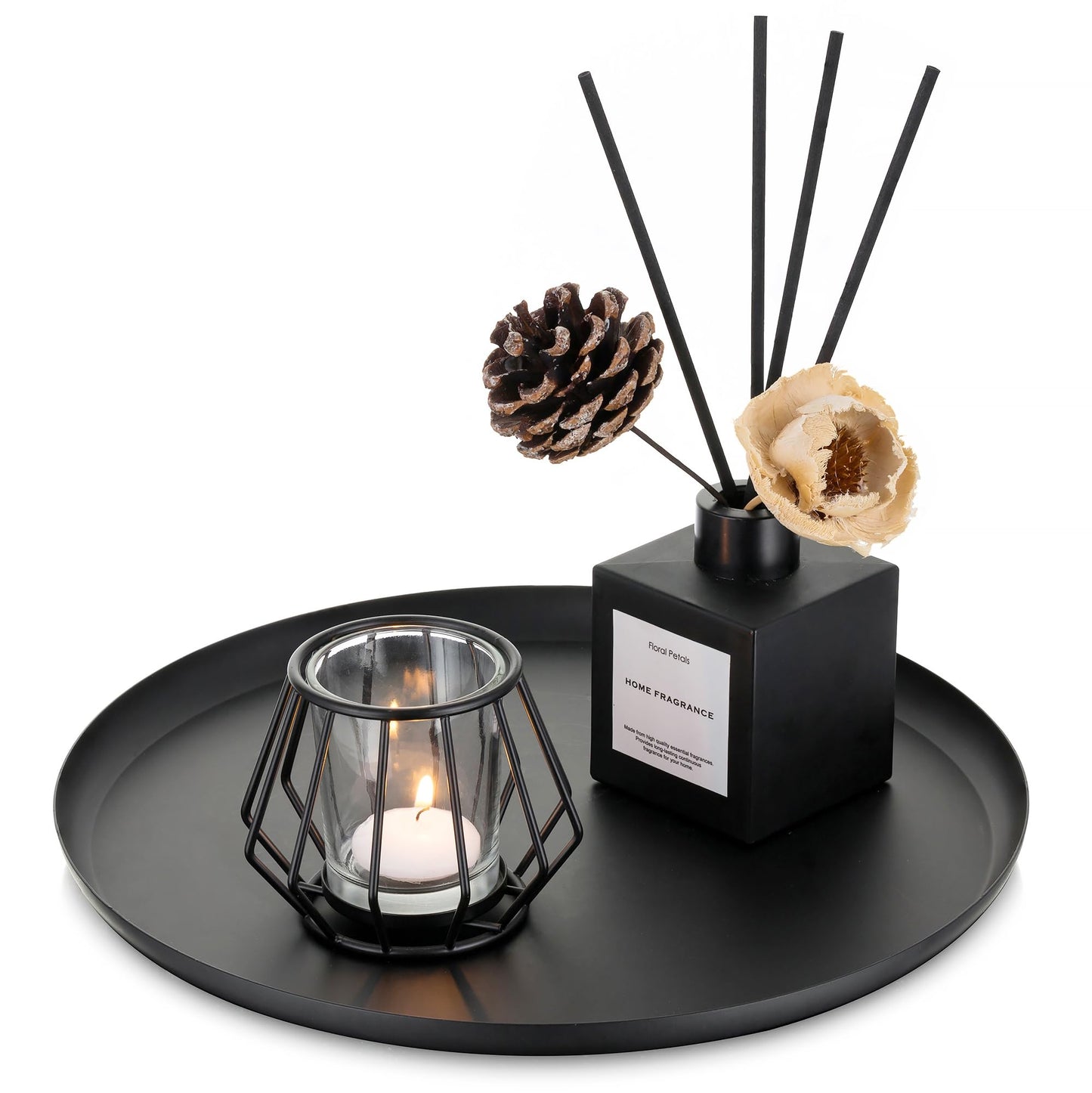 Romadedi Black Round Decorative Tray: Metal Candle Trays Decor for Coffee Table Centerpiece Large Modern Serving Tray for Kitchen Counter Farmhouse Home Decorations, 12.6 Inch