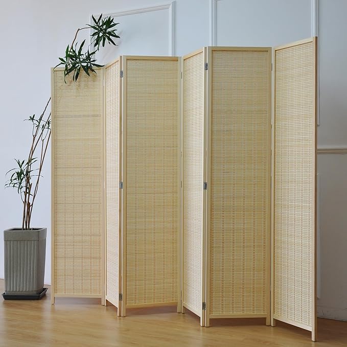 Furnnylane 6 Panel Bamboo Room Divider – 5.6 ft Tall Folding Privacy Screen