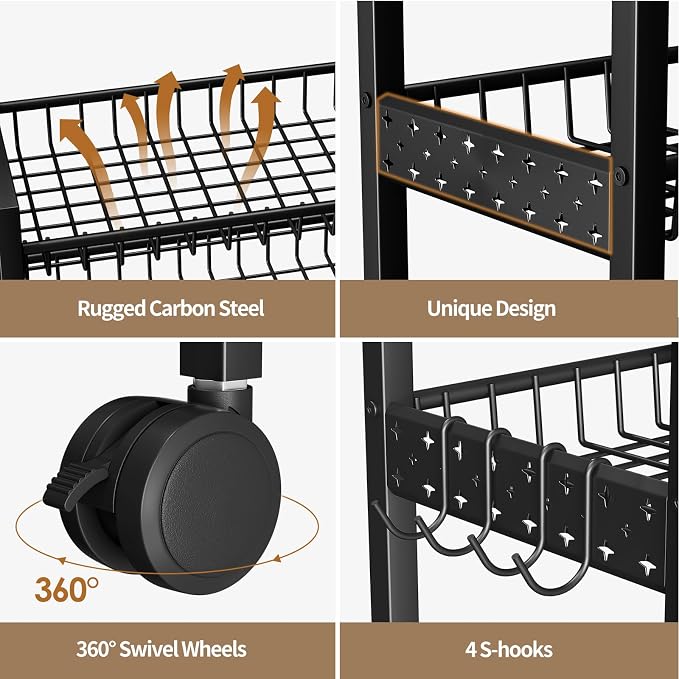 6 Tier Slim Storage Cart, Narrow Rolling Cart with Wheels, Narrow Mobile Utility Shelf Unit Organizer for Kitchen, Bathroom, Laundry Room, Living Room, Small Places, 6in(W), Black
