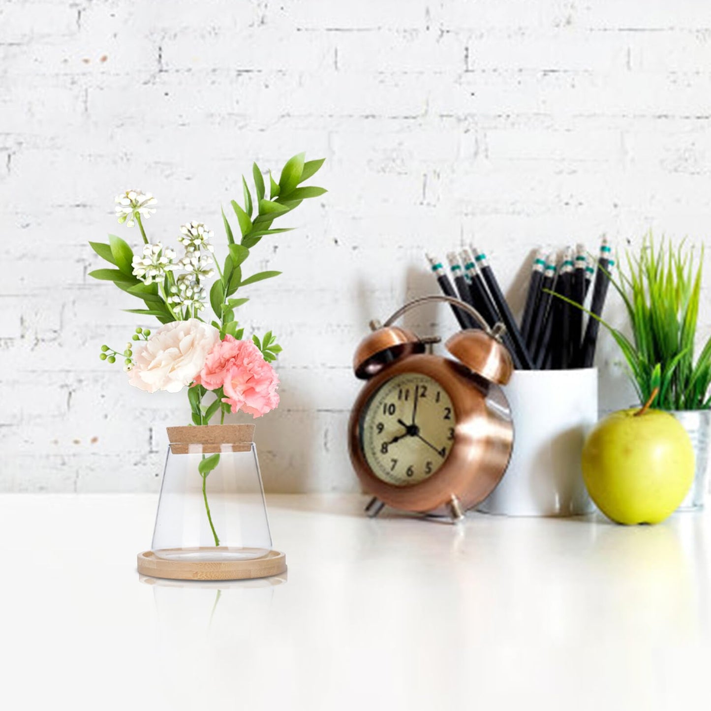 Uonlytech Hydroponic Glass Vase with Wooden Stopper and Dipper, Plant Terrarium for Indoor Gardening, Desktop Flower Pot for Office and Home Décor