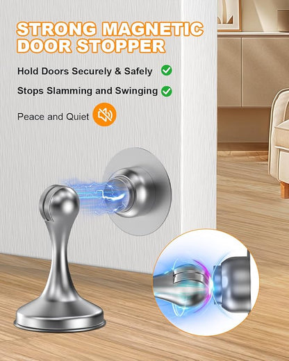 Crosize Magnetic Door Stoppers 8 Pack, Stainless Steel Door Stops for Wall and Floor Mounting, Door Holder Keep Door Open, No Drilling Door Stop with 3D Adhesive Tapes, Silver