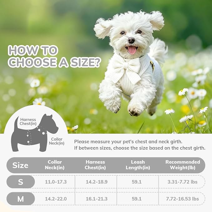 Small Dog Collar Harness and Leash Set with Bowtie, Adjustable Dog Harness Collar and Leash Set with Secure Metal Buckle, Breathable Cotton Adjustable Pet Puppy Harness, Easy Walk Harness, M(16-21")