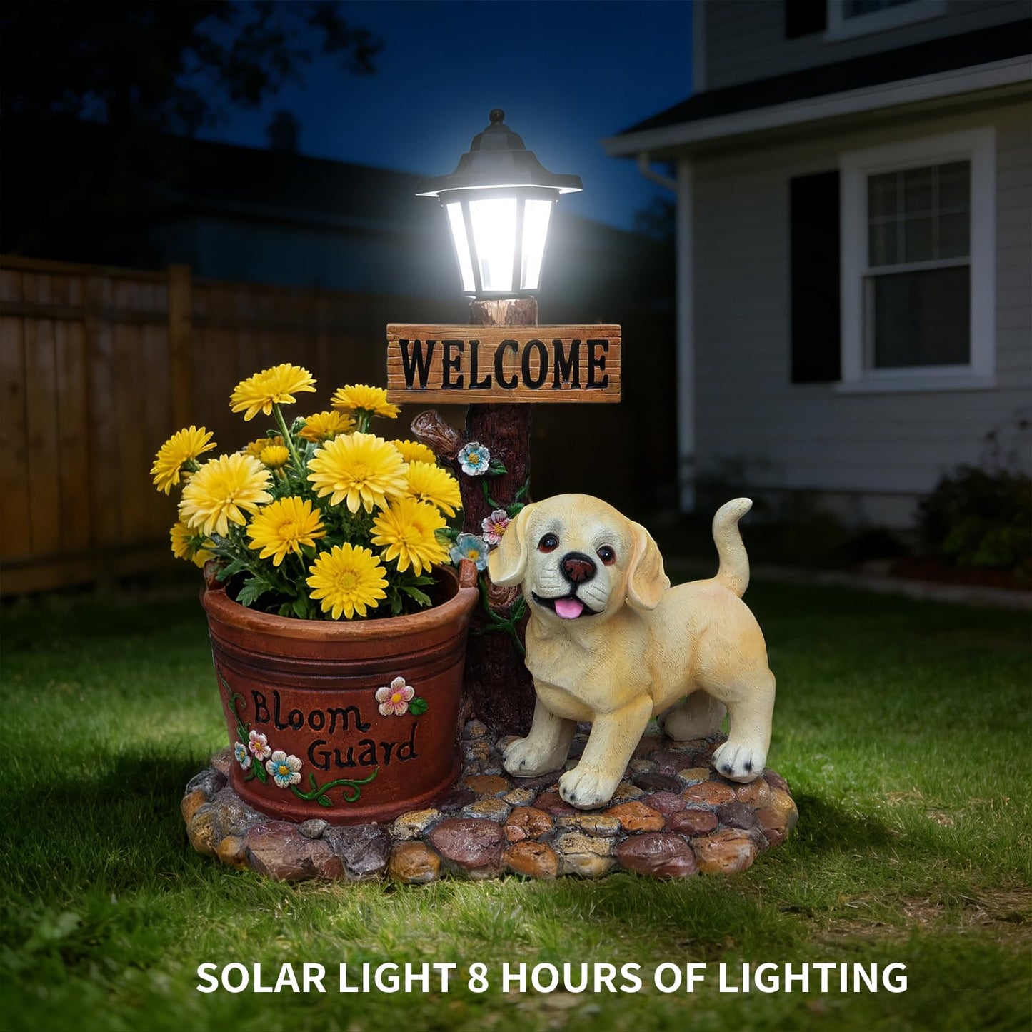 UNOIRNM Labrador Puppy Outdoor Garden Statue - with Solar Lantern and Bloom Guard Planter, Extra Large 20.9" Welcome Dog Figurine for Patio, 11 lbs Heavy Duty Resin Decor, 18.9" Length Flower Pot