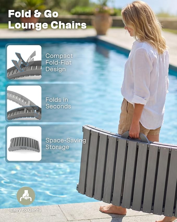 Folding HDPE Pool Lounge Chairs Set of 2, Pre-Assembled Outdoor Chaise Lounge