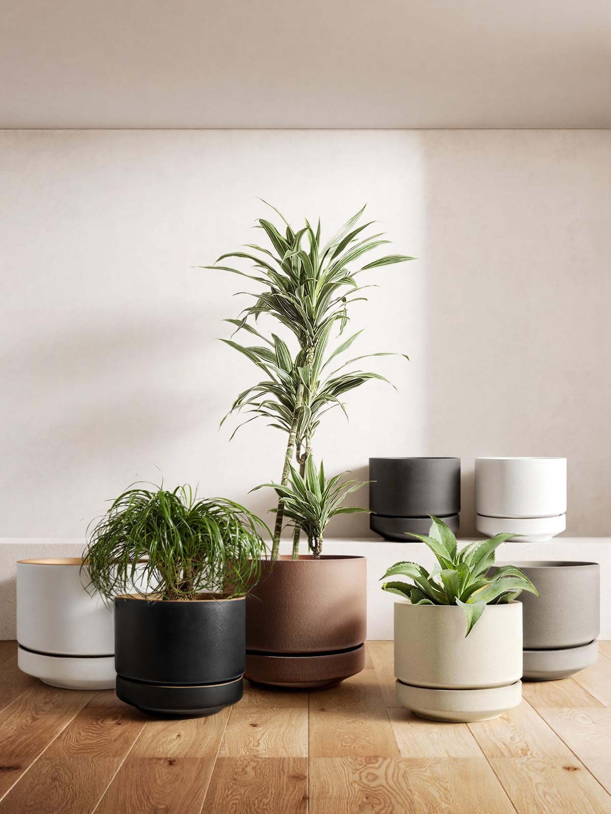 LE TAUCI Large 14 Inch Plant Pot with Saucer | Ceramic Outdoor & Indoor Big Planter Pot | Drainage Hole, Mesh Pad | Unglazed Porous | Modern Minimalist for Home and Patio – Neutral Gray