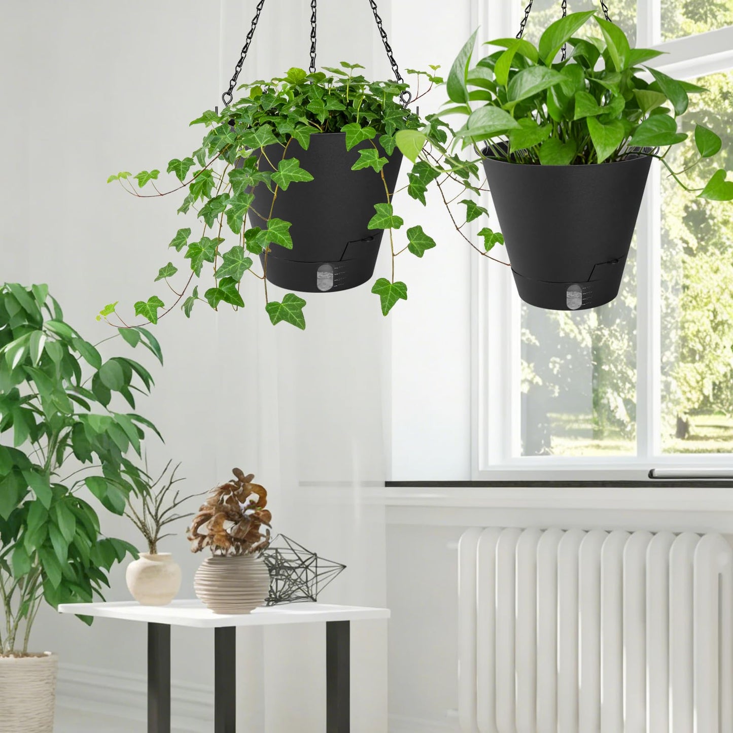 8 Inch Hanging Planters Indoor Outdoor, 3 Pack Plastic Self Watering Plant Pots with Drainage Holes & Saucers, Hanging Baskets Flower Pots with Chain for Ivy, Spider Plant, Pothos, Ferns