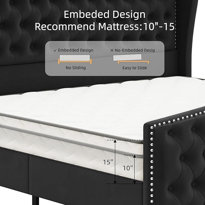 BRELTAM Upholstered Queen Size Bed Frame Velvet Black Tufted Platform Bed Frame