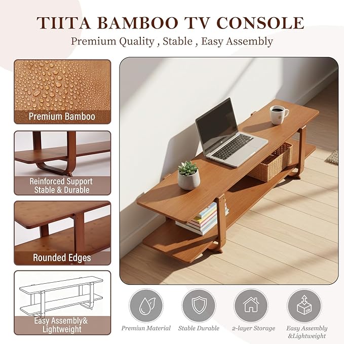 Tiita TV Stand with Storage for TVs up to 65'', Bamboo TV Console Entertainment