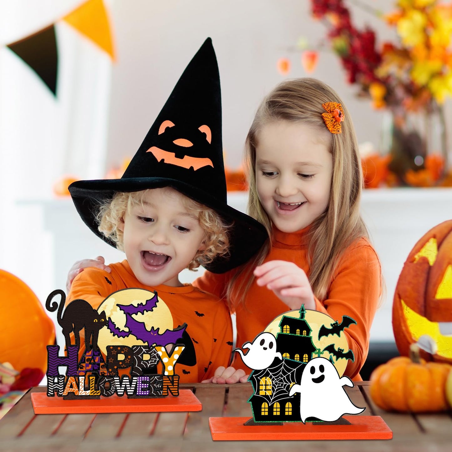 Hoolerry 6 Pieces Halloween Table Decorations Pumpkin Ghost Witch Hat Table Centerpiece Trick or Treat Table Topper Signs for Halloween Table Party Living Room Kitchen Office Bar Decorations