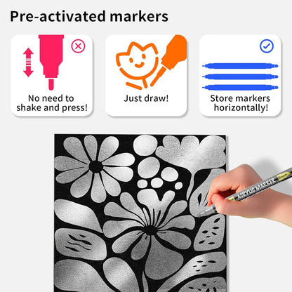 NAWOD 3 Silver Acrylic Paint Pens Markers, Dual Tip (Dot + Brush Tip), for Rock Painting Fabric Canvas Glass Wood Ceramic Paper Eggs, Fabric Marker Ideal for Labeling DIY Crafts Art Projects
