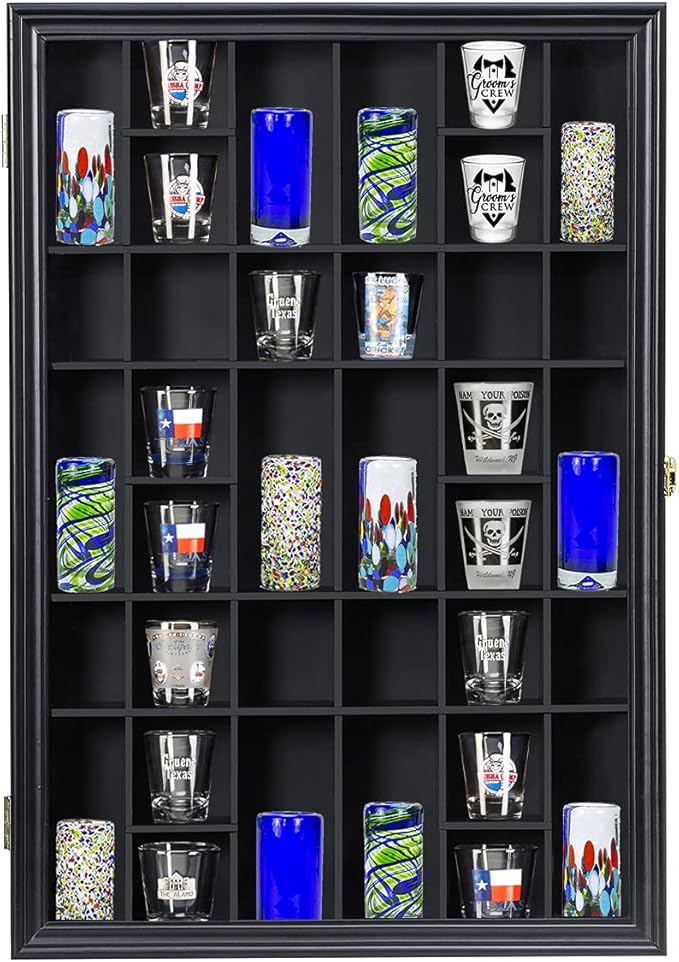 Shot Glass Display Case Wooden Cabinet Rack Holder Wall Mounted Black Shadow
