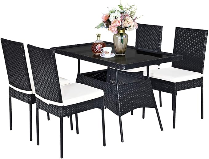 Tangkula 5 Piece Wicker Patio Dining Set, Outdoor Rattan Table & Chairs Set