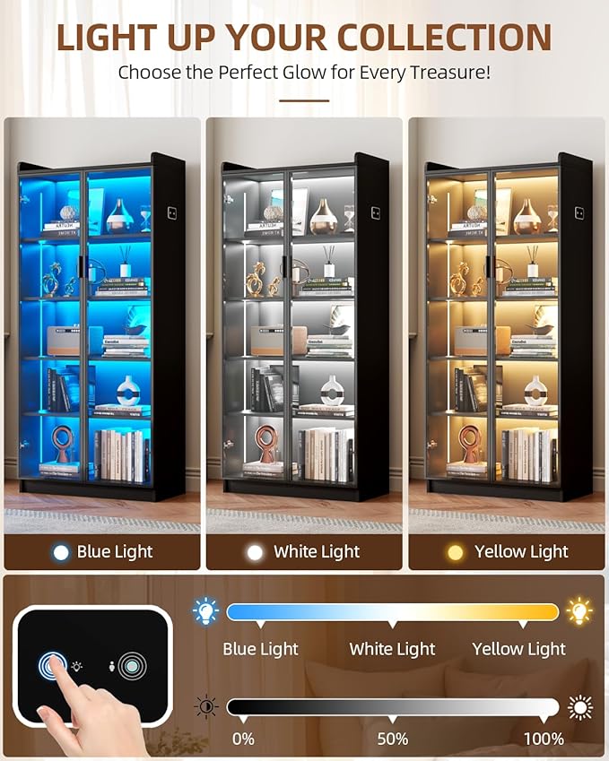 Dystler Display Cabinet with Glass Doors and Shelves, 5 Tier Display Case