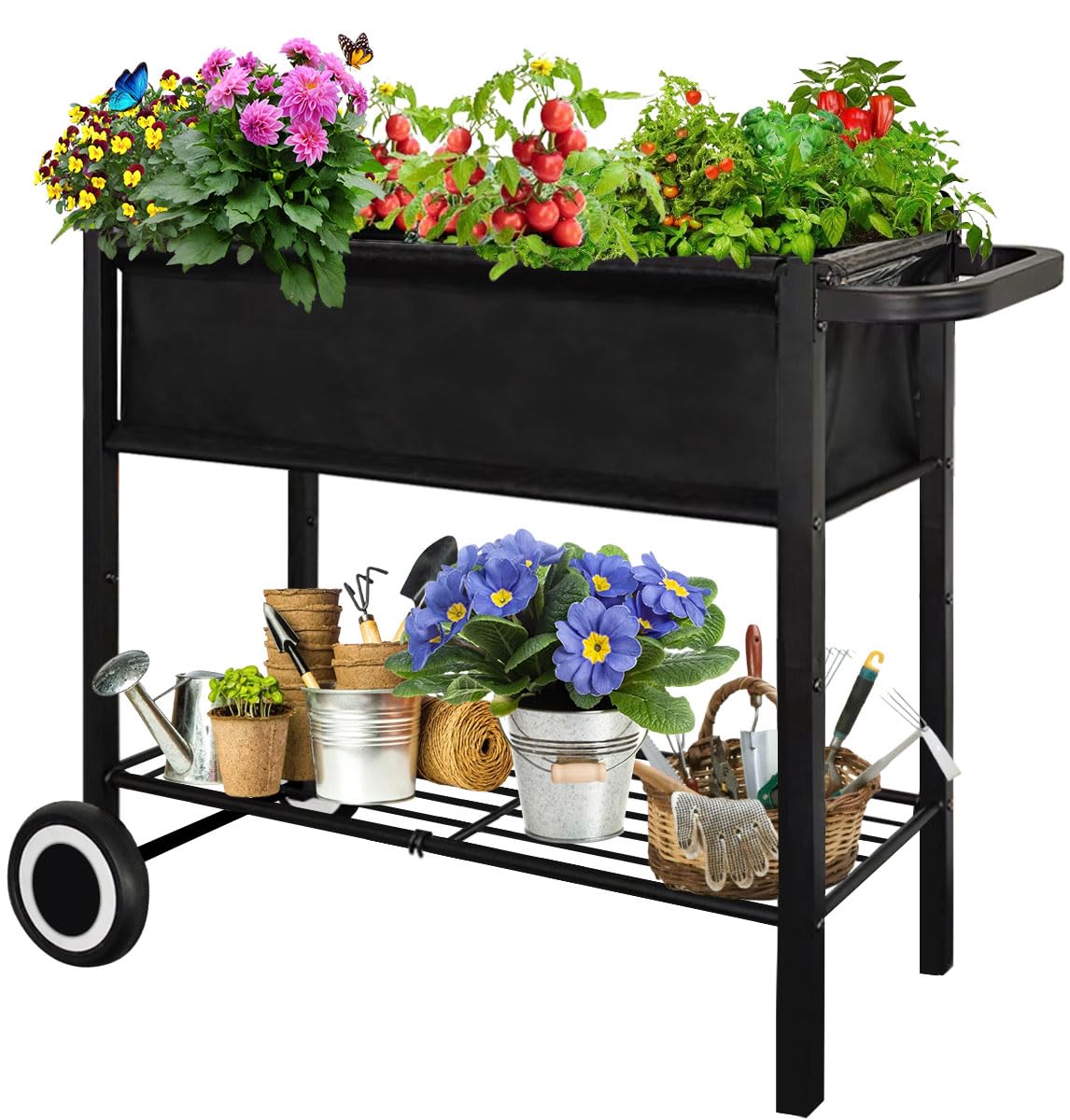 Fiwithy Raised Garden Bed with Legs for Outdoor Plants, Standing Elevated Planter Box Cart on Wheels for Vegetables Flower Herb Patio, Black
