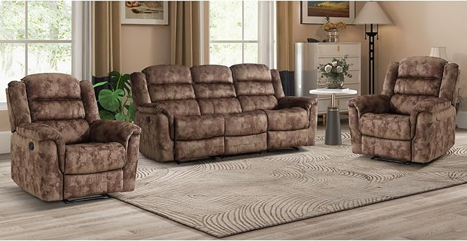 EBELLO 3 Pieces Reclining Living Room Set, Soft Fabric Manual Recliner Sofa