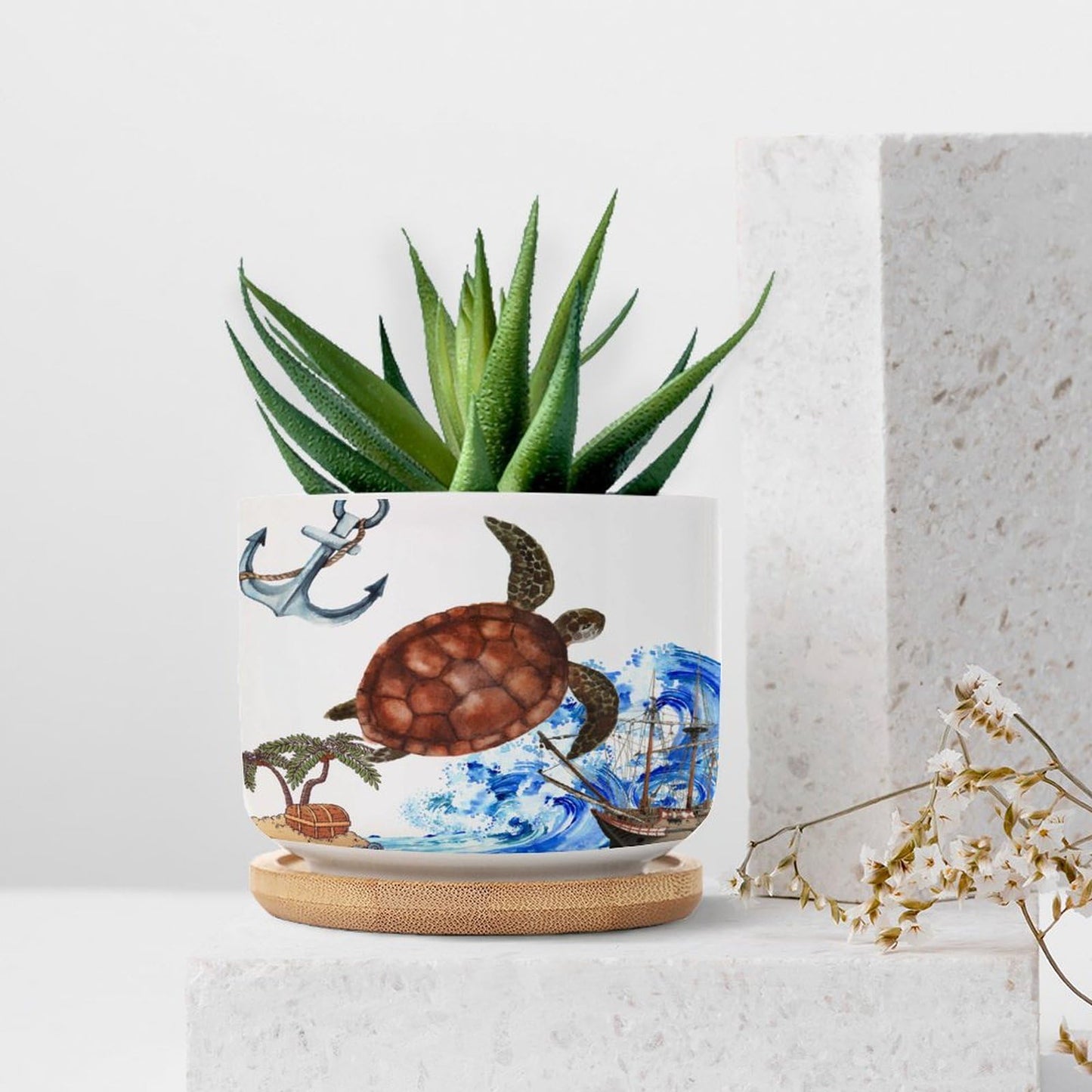 DreamAutumn Ocean Theme Sea Turtle Ceramic Pots for Plants with Drainage Holes Round Flower Pot Bamboo Tray Orchid Pot Succulents Pots for Outdoor Indoor Plants,Housewarming Gifts
