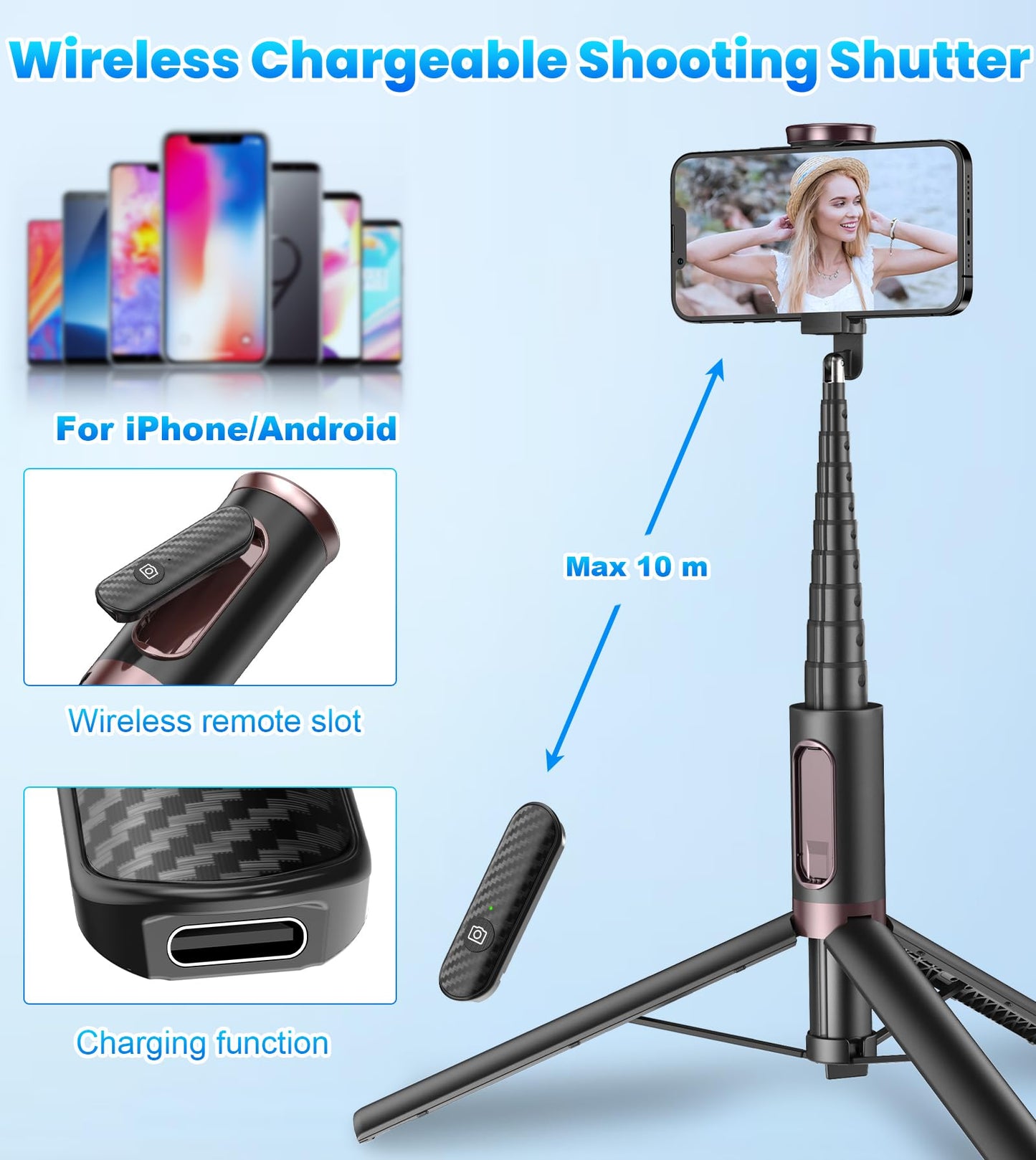 TONEOF 68" Magnetic Selfie Stick Tripod with Aluminum Strong Magnetic Holder for Magsafe, 360° Rotatable Travel Phone Tripod Stand with Metal Ring & Rechargeable Remote for iPhone/Android(Beige Gray)