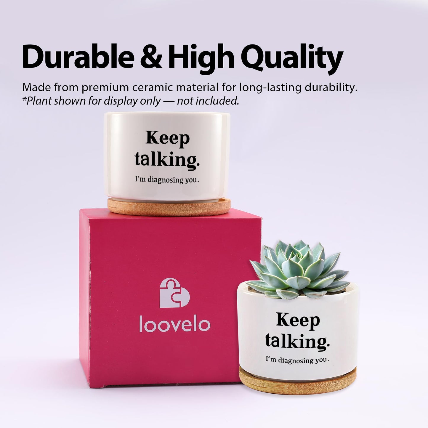 Loovelo Keep Talking I'm Diagnosing You Ceramic Succulent Plant Pot with Bamboo Tray Round Psychology Gifts Doctor Dr Therapist Psychiatrist 3.5 Inch White (No Plants)