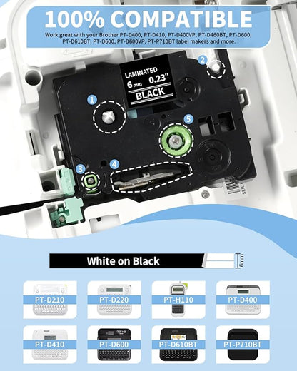 TZe TZ Tape 6mm 0.23" Laminated White on Black Replacement for Brother P Touch TZe-315 TZe315 6mm Label Maker Tape, Compatible with PT-D210 PT-D220 PT-H110 PT-D400 PT-D600, 1/4 in x 26.2 ft, 2-Pack