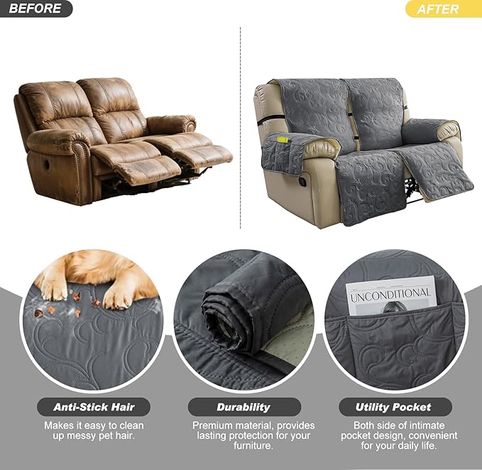 100% Waterproof Loveseat Recliner Cover, 4-Piece Split Reclining Couch Covers
