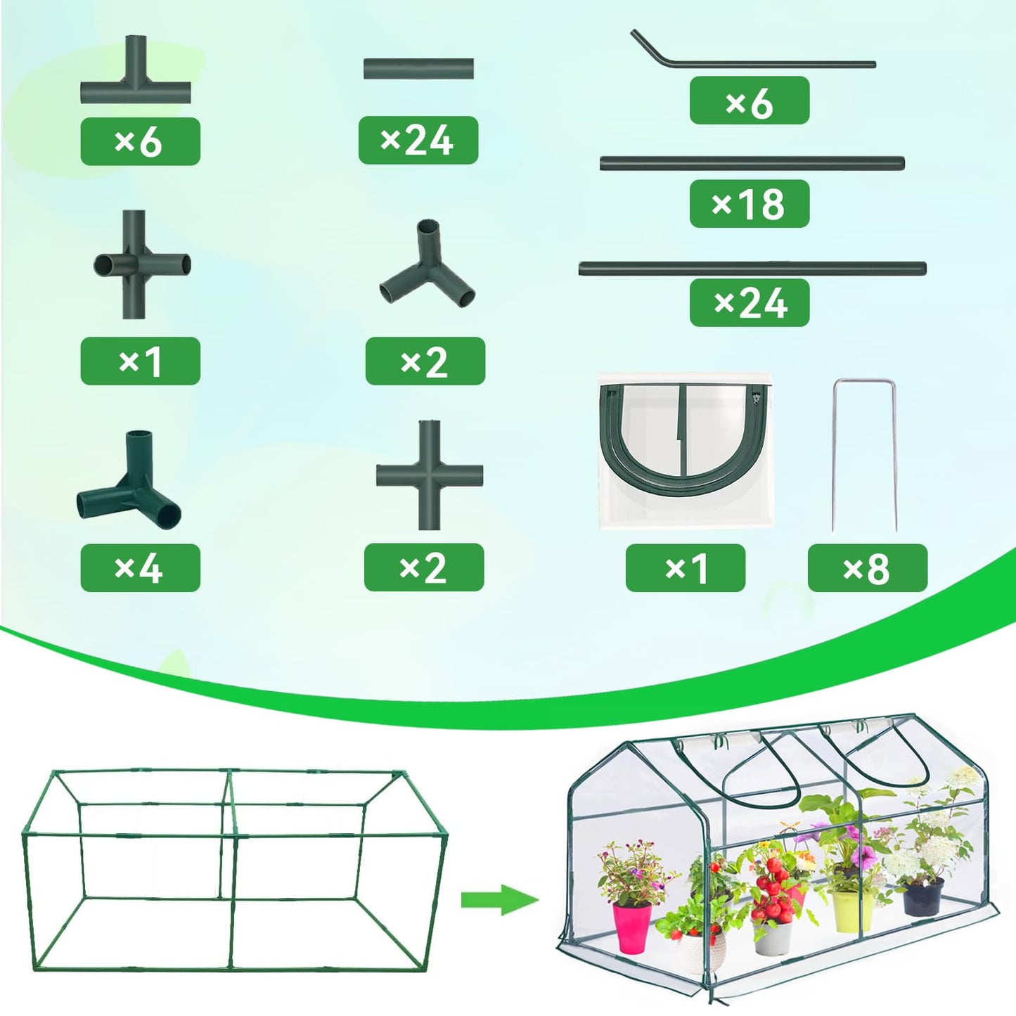 KBOROVER Mini Greenhouse for Outdoor,Portable Small Tunnel Greenhouses for Outdoors with Roll up Zipper Door for Gardening Plant,UV Waterproof Cover with 8 Ground Stakes (Clear, 71" x 36" x 36")