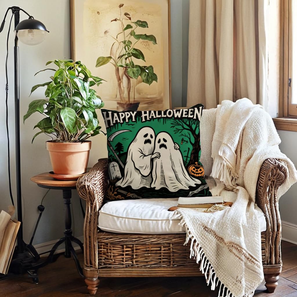 Halloween Decor Throw Pillow Covers 18x18 inch Black Orange Ghost Cat Skeleton Pumpkin Cushion Cases 4 Pack Fall Happy Halloween Seasonal Autumn Home Decor Pillowcases for Sofa Couch Patio(Orange)
