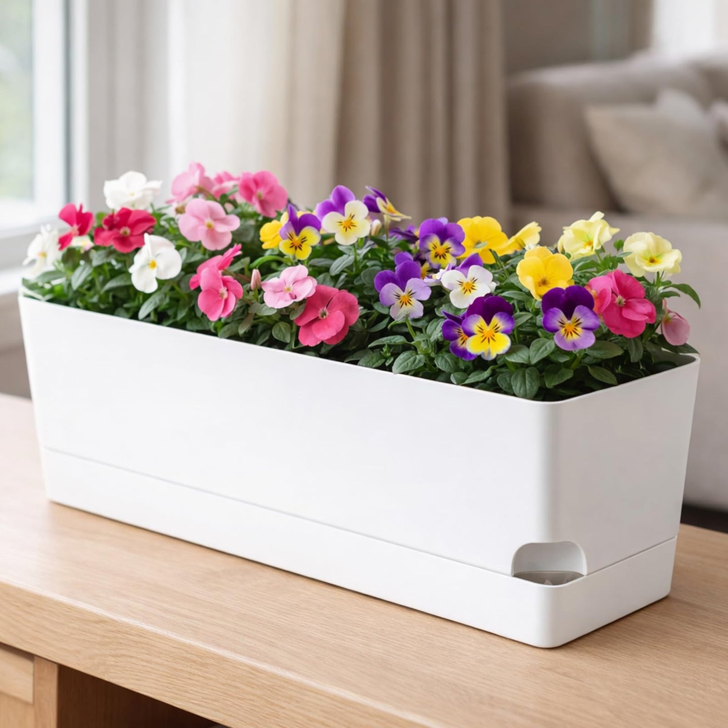 Party Zealot Window Boxes Planters, 3 Pack Self Watering Pots for Indoor Plants 17 Inch Rectangular Planter Rectangle Flower Pots Long Plant Pot Large Window Sill Herb Planter Box, White