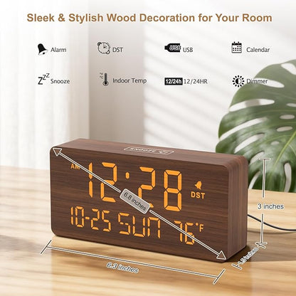 DreamSky Wooden Digital Alarm Clocks for Bedrooms with Date & Day of Week | Living Room Desk Clock, Temperature, USB Port, Dimmer Wheel, Adjustable Volume, Auto DST, Office Wood Decor (Plug-in)