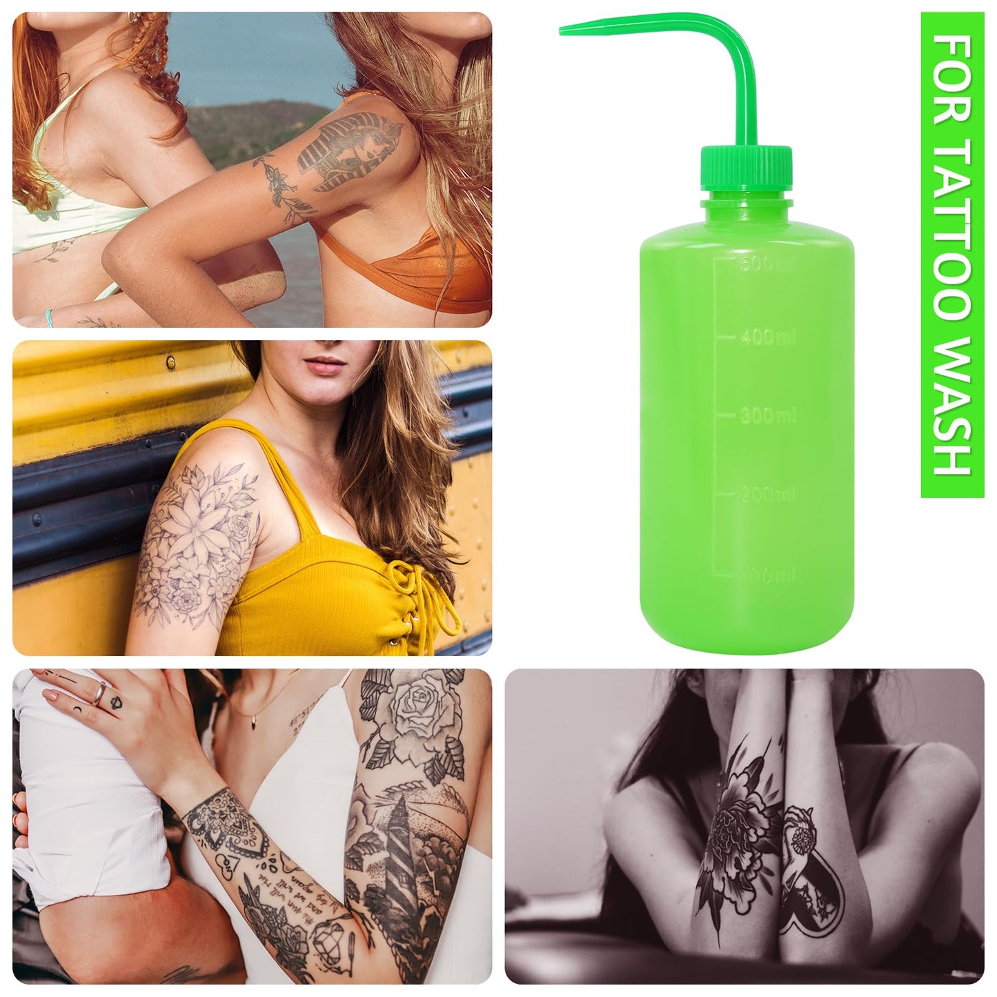 Grosun 4 Packs Tattoo Wash Bottle Water Squirt Squeeze Diffuser Bottles (Green, 500ml)