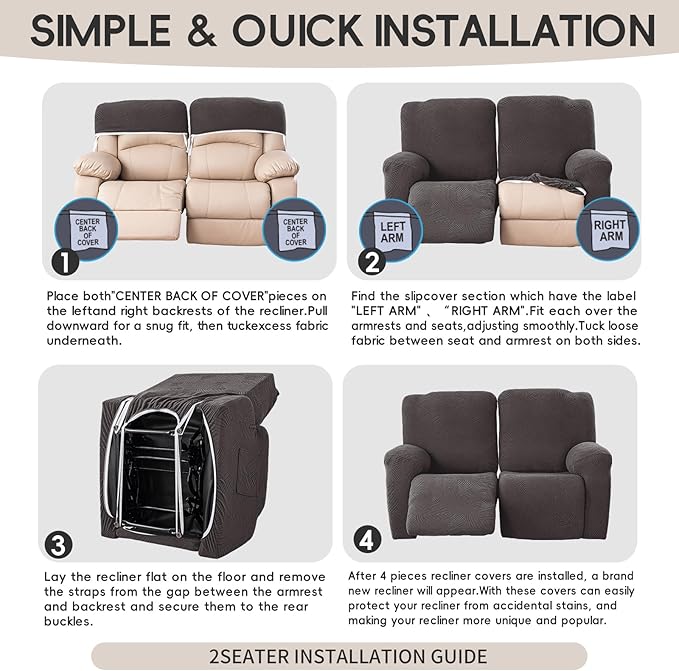 Recliner Loveseat Covers, 4-Piece Stretch Geometric Strokes Jacquard Reclining