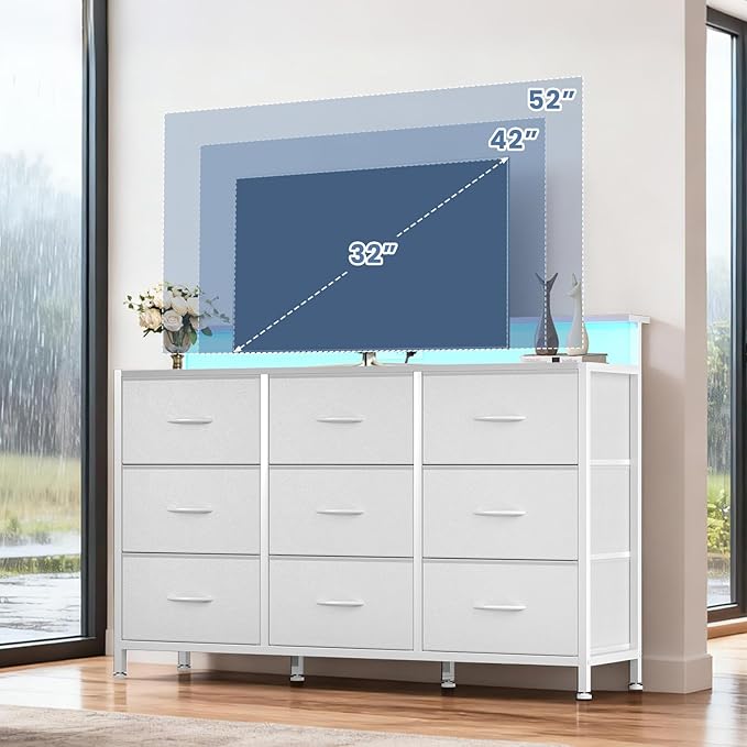 DUMOS TV Stand Dresser with 9 Fabric Drawers and Open Shelves, Entertainment
