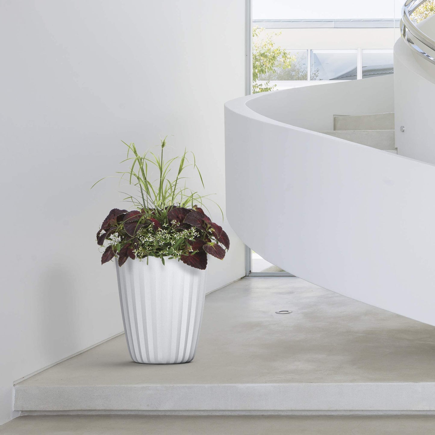 Crescent Garden Pleat Modern Decorative Planter, Indoor/Outdoor Pot, Resin Planter with Drain Hole - 15" W x 15" H (Cloud White)
