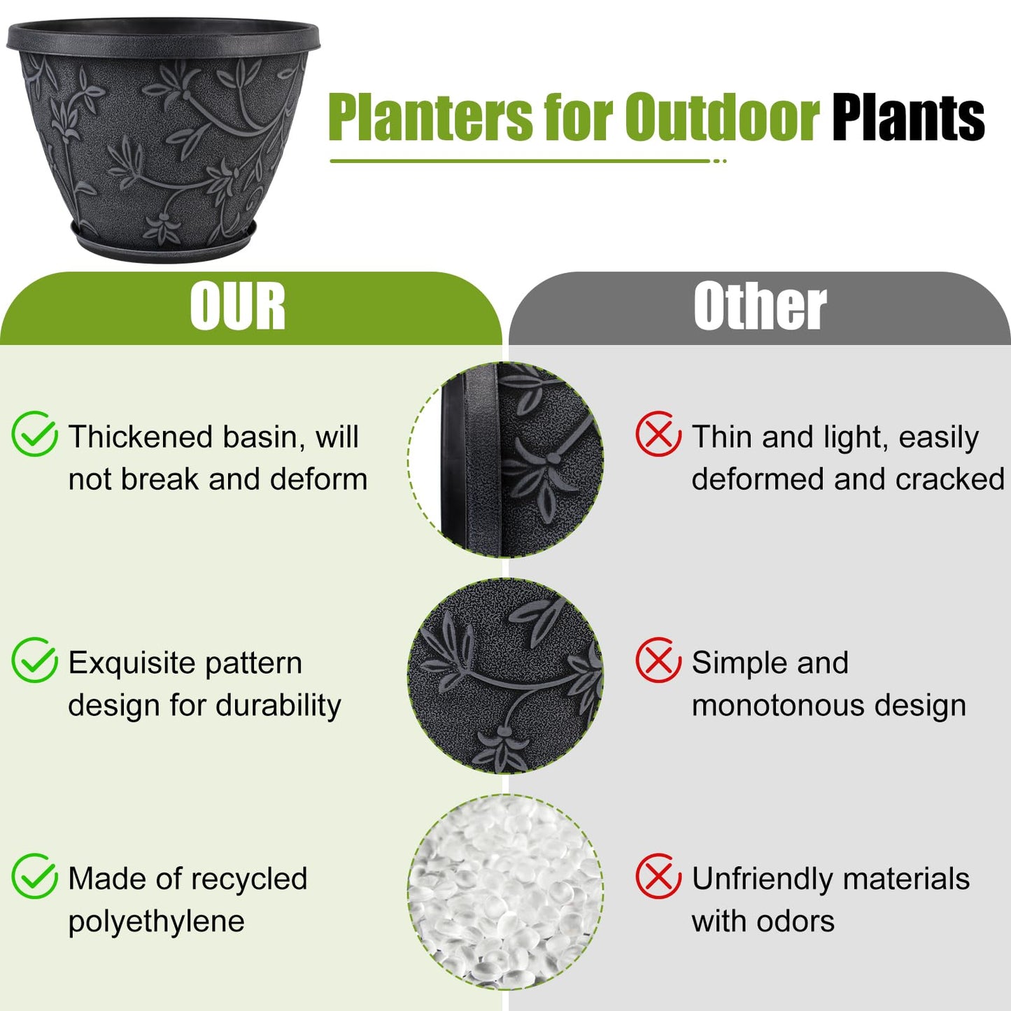 Nooulap 4 Pack 10 Inch Flower Pots for Outdoor Indoor, Plastic Plant Pots with Drainage Hole & Saucer, Lightweight Small Resin Flower Pot, Outdoor Planters Imitation Magnolia for Garden House（Gray）