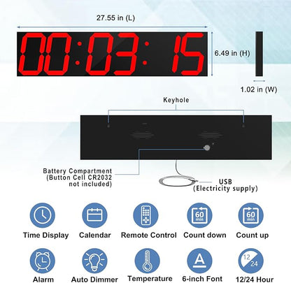 CHKOSDA Digital Wall Clock, Oversize Led Digital Clock Large Display with Auto Dimmer, Huge Countdown Timer with Remote Control, 27" Wide Led Display, 6 Digits, Wall Mount, Date and Temperature (Red)