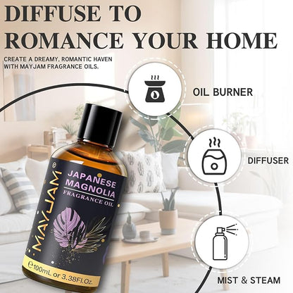 MAYJAM 100ML/3.38FL.OZ Japanese Magnolia Fragrance Oils with Glass Dropper, Essential Oils for Diffusers, Long Lasting Scented Oils for Soap Candle Making