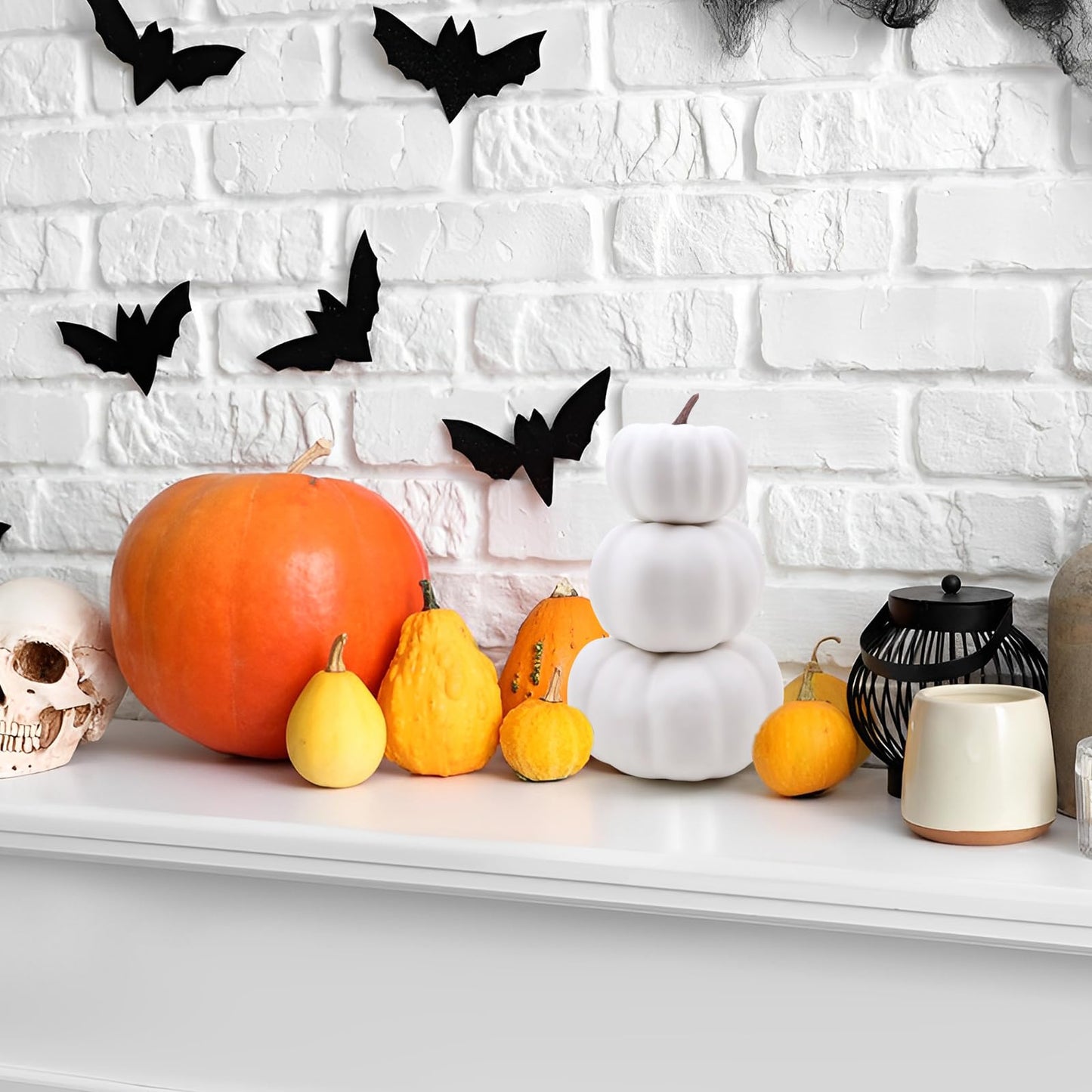 Gresorth 8 Inch Small Stacked White Pumpkins Tower Fake Artificial Halloween Decoration DIY Crafts Paintable Pumpkin for Home Party Table Kitchen Wedding Decorating - 1 Pcs