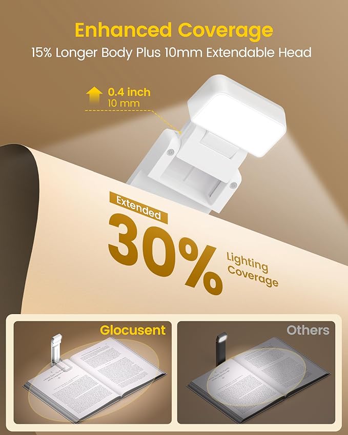 Glocusent Extendable Book Lights for Reading at Night, 5 Enhanced Brightness & 3 Colors with Sleep Aid & Timers, Clip on USB Rechargeable Reading Light for Books in Bed, Ideal Book Lovers Gifts
