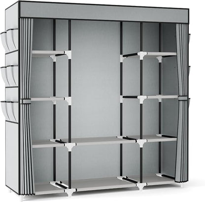 VTRIN Portable Closet Wardrobe for Hanging Clothes 57.3 Inch Large Capacity Clothes Rack with Cover, 10 Storage Organizer Shelves, 1 Hanging Rods and 6 Pockets, Free Standing Closet for Bedroom, Grey