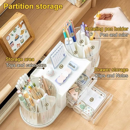 360 Rotating Makeup Brush Holder with 3 Drawers, Makeup Organizer Countertop with 10 Slots Pencil Holder for Countertop + 3 Drawer, Makeup Organizer Countertop for vanity (White (3 Drawer))