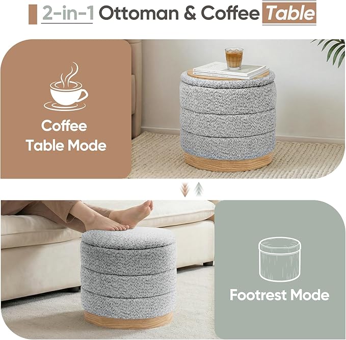 Round Storage Ottoman with Reversible Tray Lid, Folding Chenille Fabric