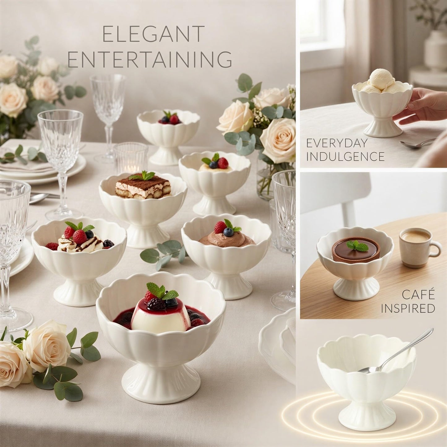 4 Pcs Ceramic Dessert Bowls Set, Elegant Scalloped Rim Pedestal Cups with 4 Spoons, 6.76 fl oz Small Dessert Bowls, Smooth Finish, Easy Clean, 4.5 x 3.5 in for Ice Cream, Snacks, Puddings, White