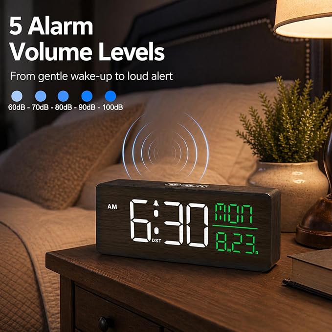 Peakeep Wooden Digital Alarm Clock Large Display, Textured Decoration for Bedroom, Living Room, Plug in Clock with Time Date Day, 5 Brightness, Auto DST