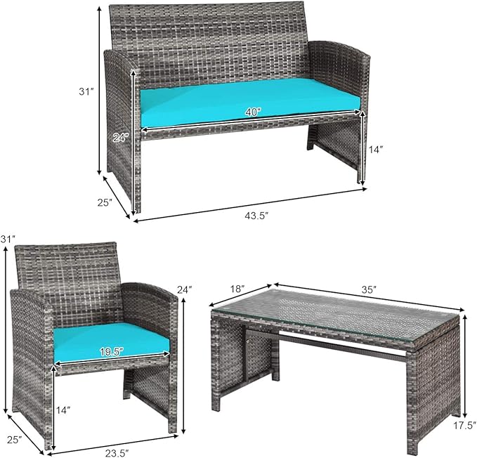Tangkula 4 PCS Wicker Patio Conversation Set, Outdoor Rattan Sofas