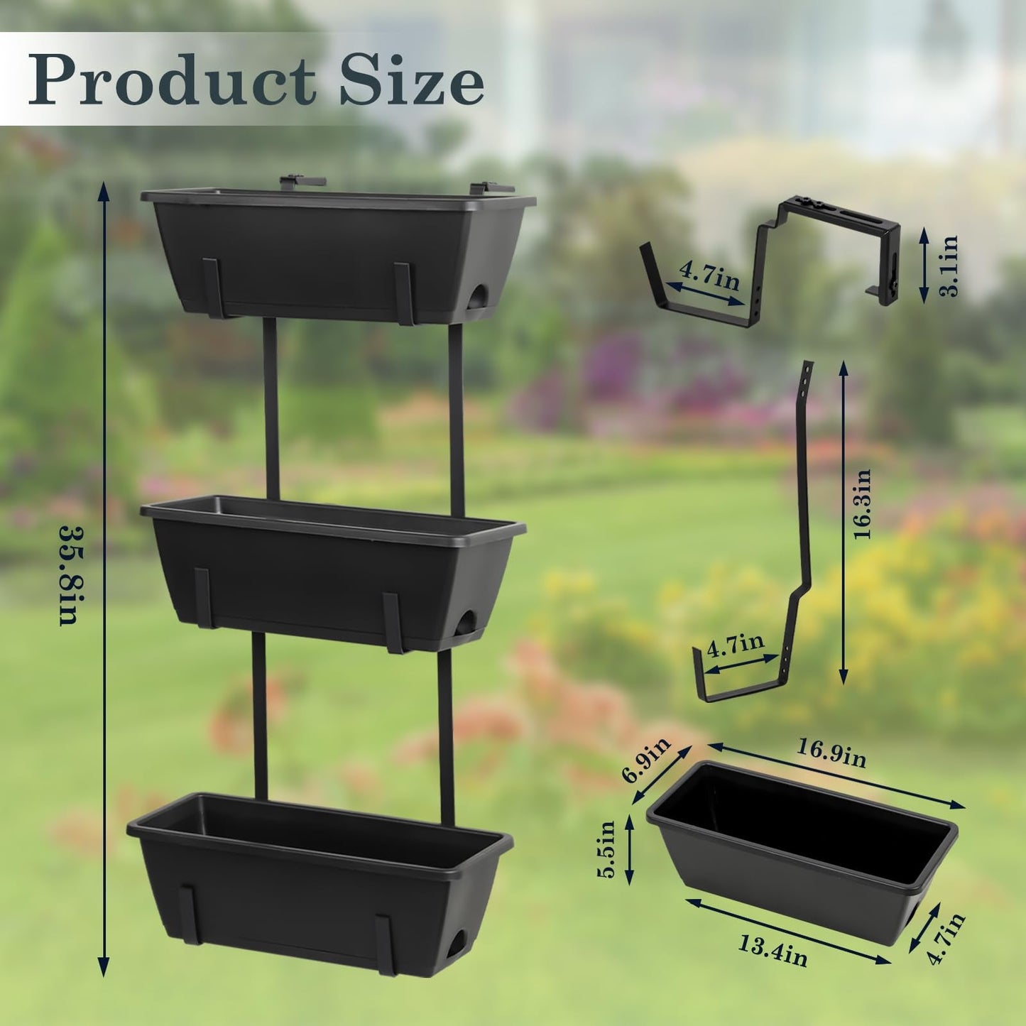 OYEAL Railing Planter Box Black Hanging Window Boxes Planter with Adjustable Brackets, Outdoor Set of 2 Deck Rail Planters with 6 Detachable Plastic Flower Pots for Garden Fence, Patio, Windowsill
